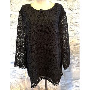 Talbots Black Crochet Lace Tunic Top Sheer Bell Sleeve Keyhole Back XL Boho Lux